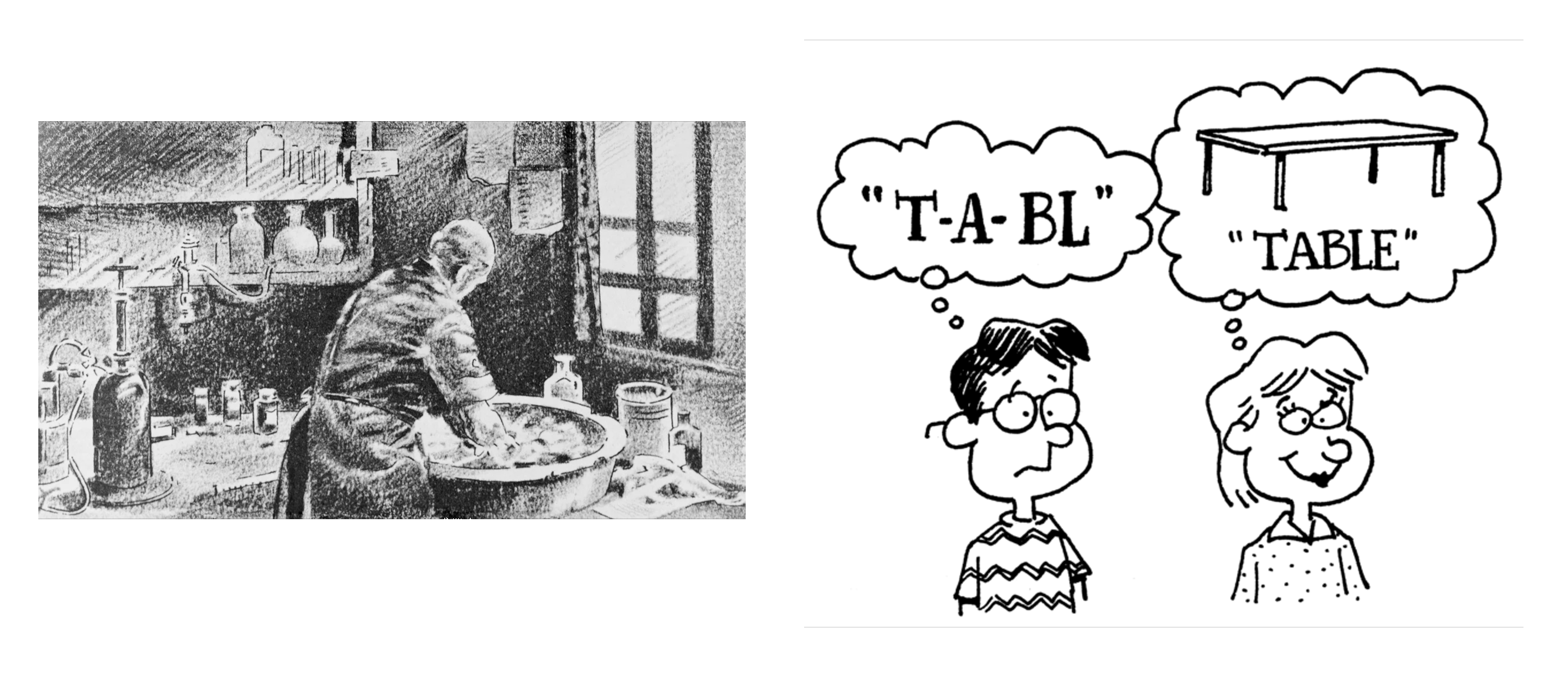 2 images. One is a sketch of a surgeon washing his hands before operating. The other is of two children with thought bubbles, one of them says "T-A-BL" and the other has an image of a table